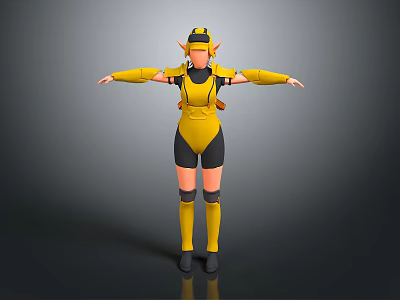 3D Female Character Model With Yellow Outfit Black Accents Elf Ears Hat And Long Boots 3d model