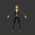 Woman in Brown Blazer White Top Blue Jeans and Red Shoes on Gray Background