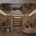 Colorful Kids Playground Interior With Cloud Ceiling Cactus Animal Wall Decor Bookshelves Rocking Chairs And Soft Seating