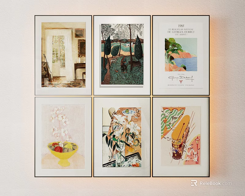 Six Framed Artworks with Colorful Illustrations and Landscapes Hanging on White Wall 3d model 