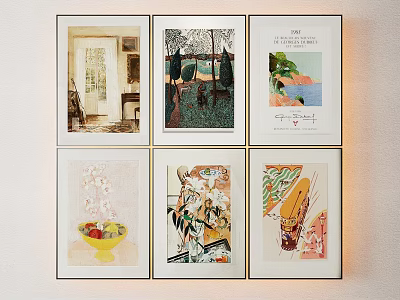 Six Framed Artworks with Colorful Illustrations and Landscapes Hanging on White Wall 3d model