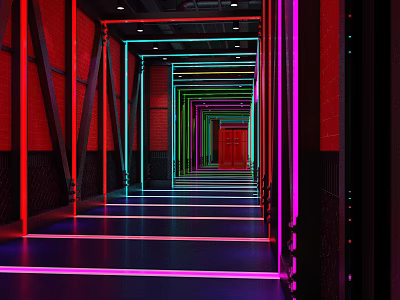 Vibrant KTV Corridor With Red Walls Colorful Neon Lights And Stylish Decor 3d model