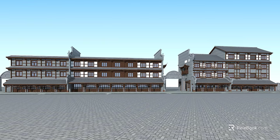 Ancient Architecture Multi Story Wooden Structure With Overhanging Eaves Arched Gate And Brick Paved Plaza 3d model 