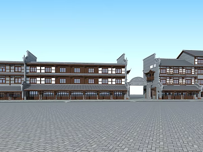 Ancient Architecture Multi Story Wooden Structure With Overhanging Eaves Arched Gate And Brick Paved Plaza 3d model
