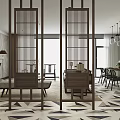 Modern Dining Room Interior Design With White Paneled Walls Glass Pendant Lights And Wicker Chairs