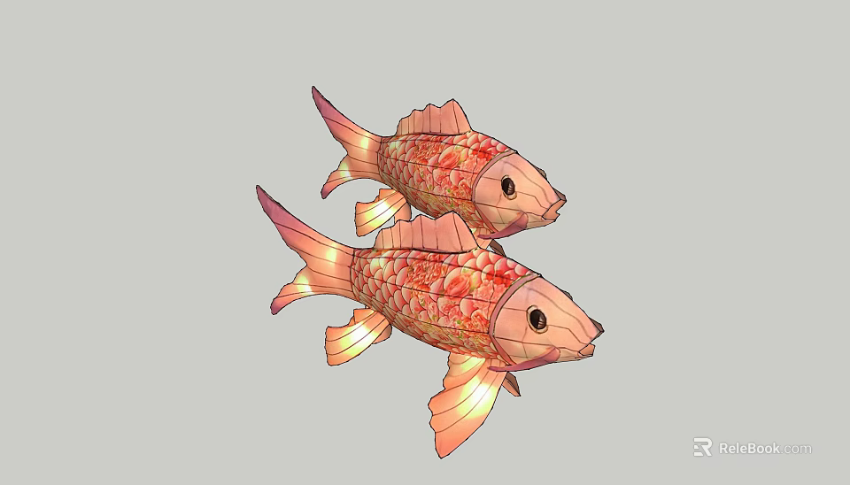 Two Fish Shaped Red Orange Lanterns With Scaled Design For Decoration 3d model