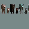 Low Poly Style Various Colored Wolves Standing Together in Group 3d model