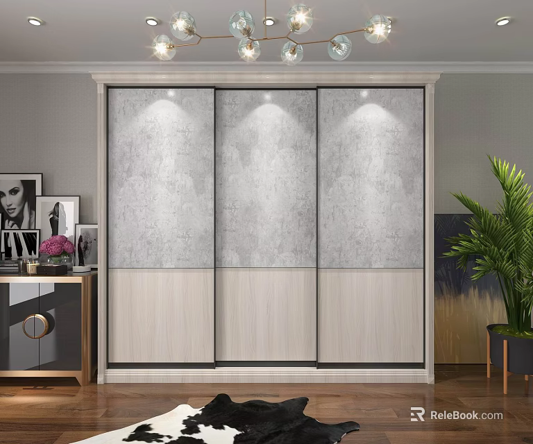 Modern Wardrobe Interior Design With Sliding Doors Gray Panels And Light Colored Cabinet 3d model 