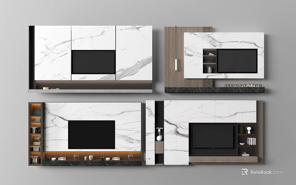 Modern TV Background Wall Design With Marble Panels Storage Cabinets And Decor Items 3d model