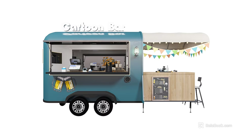 Blue Cartoon Bar Food Cart with Open Window Coffee Machine and Colorful Bunting Flags 3d model 
