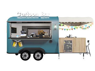 Blue Cartoon Bar Food Cart with Open Window Coffee Machine and Colorful Bunting Flags 3d model