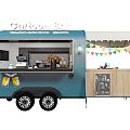 Blue Cartoon Bar Food Cart with Open Window Coffee Machine and Colorful Bunting Flags