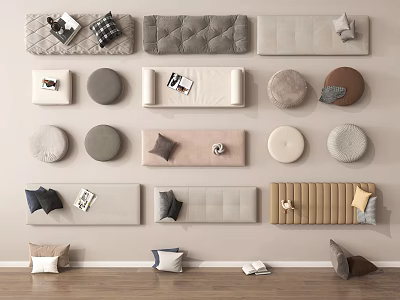 Modern Fabric Sofa Bench Designs With Round Cushions And Decorative Pillows 3d model