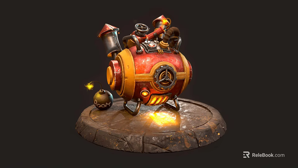 Vintage Steampunk Trunk With Mechanical Gears Steam Pipes And Flame Details 3d model 