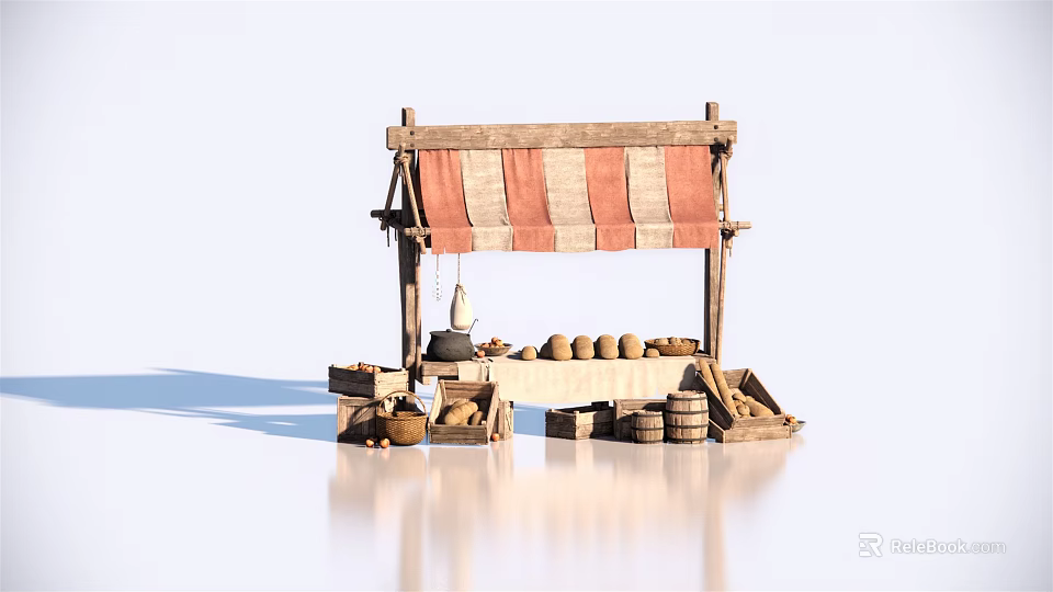 Traditional Market Stall With Red White Striped Awning Clay Pots Fruits And Wooden Barrels 3d model 