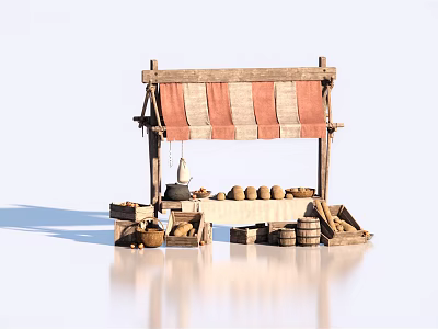 Traditional Market Stall With Red White Striped Awning Clay Pots Fruits And Wooden Barrels 3d model