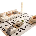 Modern Beige Sofa and Round Coffee Table Set with Throw Pillows Green Plant Spotted Rug