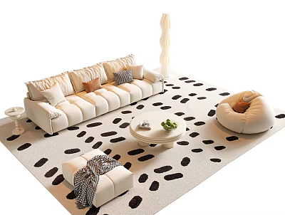 Modern Beige Sofa and Round Coffee Table Set with Throw Pillows Green Plant Spotted Rug 3d model