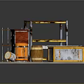 Assorted Furniture Collection With Wooden Shelves Metal Frame Cabinet And Barrels