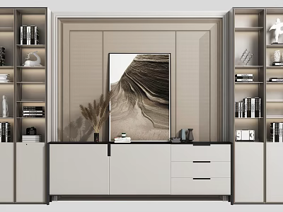 Modern Bookshelf Interior Design With Wooden Shelves Decorative Items And Books 3d model