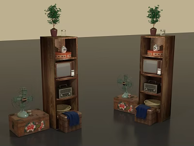 Vintage Wooden Shelves With Potted Plants Radio And Decorative Storage Boxes 3d model