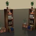 Vintage Wooden Shelves With Potted Plants Radio And Decorative Storage Boxes