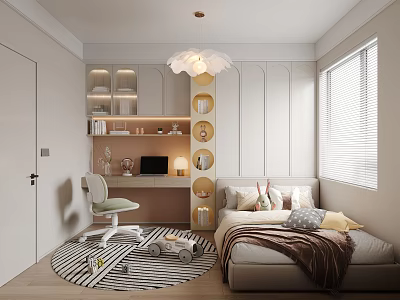 Kids Room Interior With Wall Shelves Desk Chair Bed Chandelier And Striped Rug 3d model