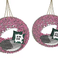 Decorative Hanging Basket Plants with Pink Flowers and AM OR Text Cushions Black White Checkered