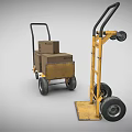 Two Heavy Duty Transport Trolleys With Cardboard Boxes And Yellow Frame Wheels
