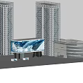 Large LED Screen Showing Dynamic Ocean Wave Visuals With Tall Buildings Background 3d model