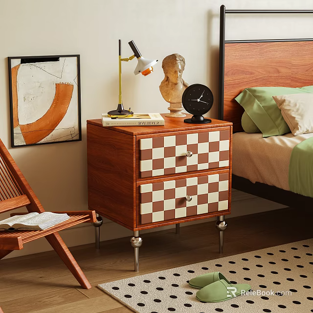 Wooden Bedroom Nightstand With Two Checkered Drawers Table Lamp Alarm Clock And Sculpture 3d model 