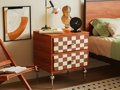 Wooden Bedroom Nightstand With Two Checkered Drawers Table Lamp Alarm Clock And Sculpture 3d model
