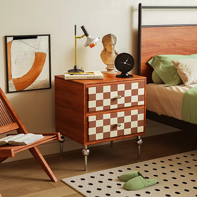 Wooden Bedroom Nightstand With Two Checkered Drawers Table Lamp Alarm Clock And Sculpture 3d model