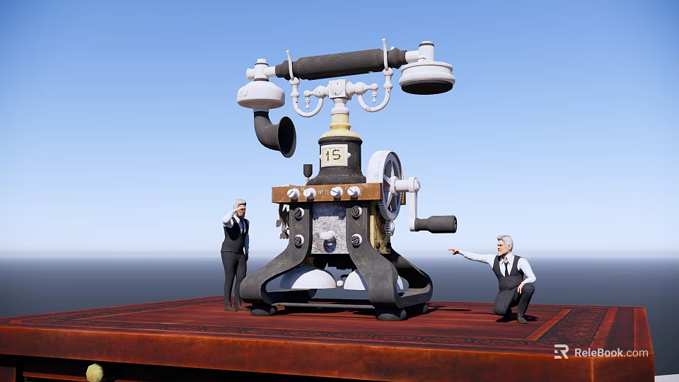 Vintage Retro Telephone as Household Item Being Examined by Two People on Wooden Platform 3d model 