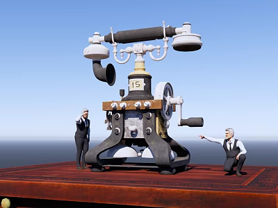 Vintage Retro Telephone as Household Item Being Examined by Two People on Wooden Platform 3d model