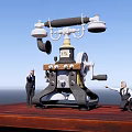 Vintage Retro Telephone as Household Item Being Examined by Two People on Wooden Platform
