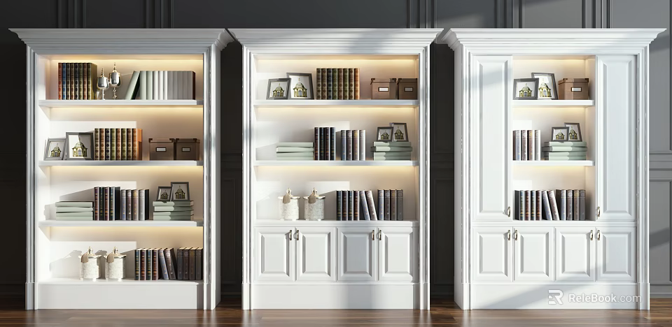 Modern White Bookcase With Multiple Shelves Books Framed Photos And Cabinet Doors 3d model 