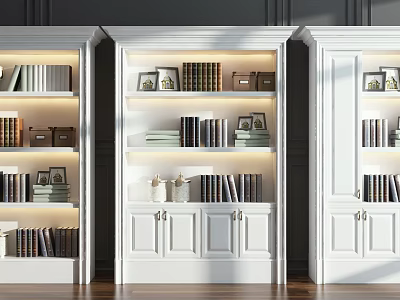 Modern White Bookcase With Multiple Shelves Books Framed Photos And Cabinet Doors 3d model