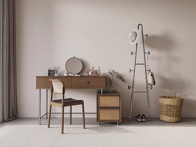 Modern Dressing Table Interior With Wooden Chair Round Mirror Cosmetics Side Cabinet And Clothes Rack 3d model