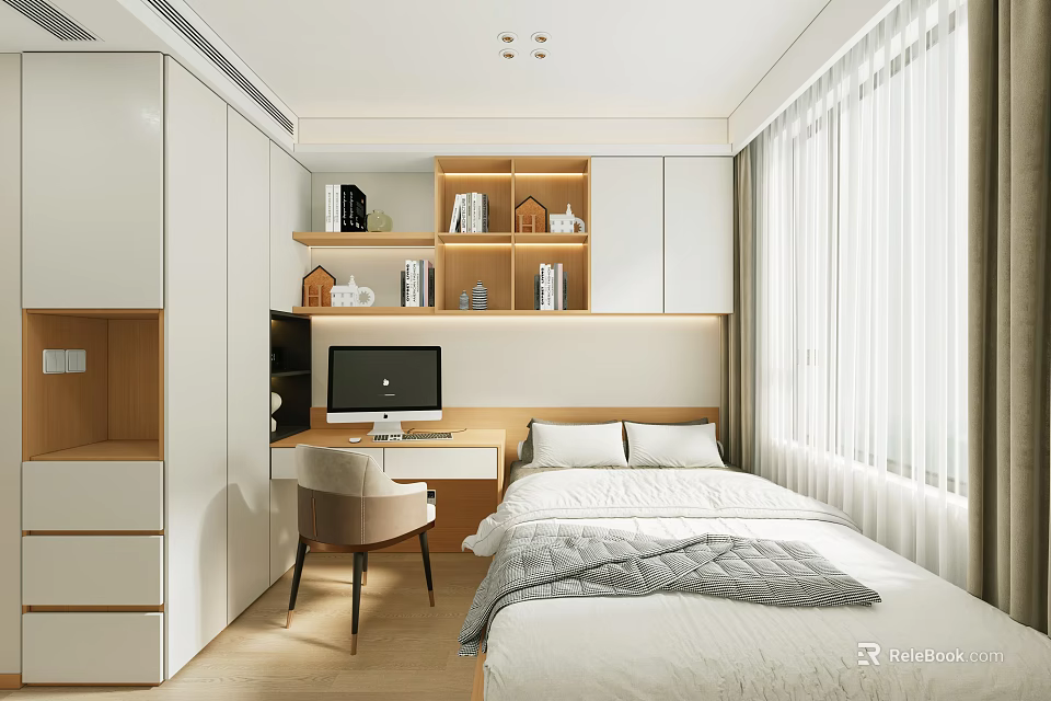 Modern Tatami Bedroom Interior Design With Desk Chair Bookshelf And Curtain Windows 3d model 