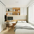 Modern Tatami Bedroom Interior Design With Desk Chair Bookshelf And Curtain Windows
