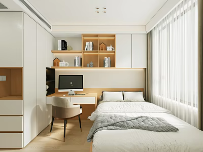 Modern Tatami Bedroom Interior Design With Desk Chair Bookshelf And Curtain Windows 3d model