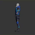 Futuristic 3D Character With Blue Purple Techwear Armor And Digital Outfit