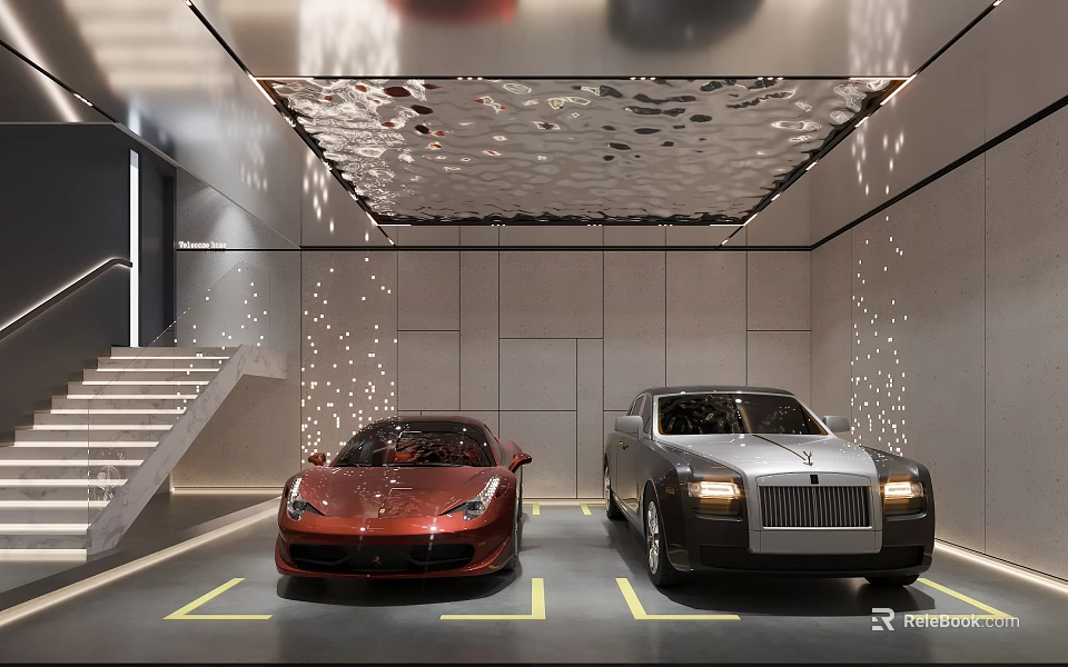 Luxurious Modern Garage Interior Design With Red Sports Car Silver Sedan And Unique Ceiling 3d model 