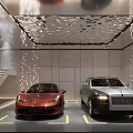 Luxurious Modern Garage Interior Design With Red Sports Car Silver Sedan And Unique Ceiling