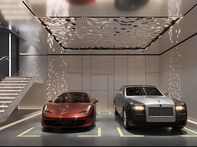 Luxurious Modern Garage Interior Design With Red Sports Car Silver Sedan And Unique Ceiling 3d model