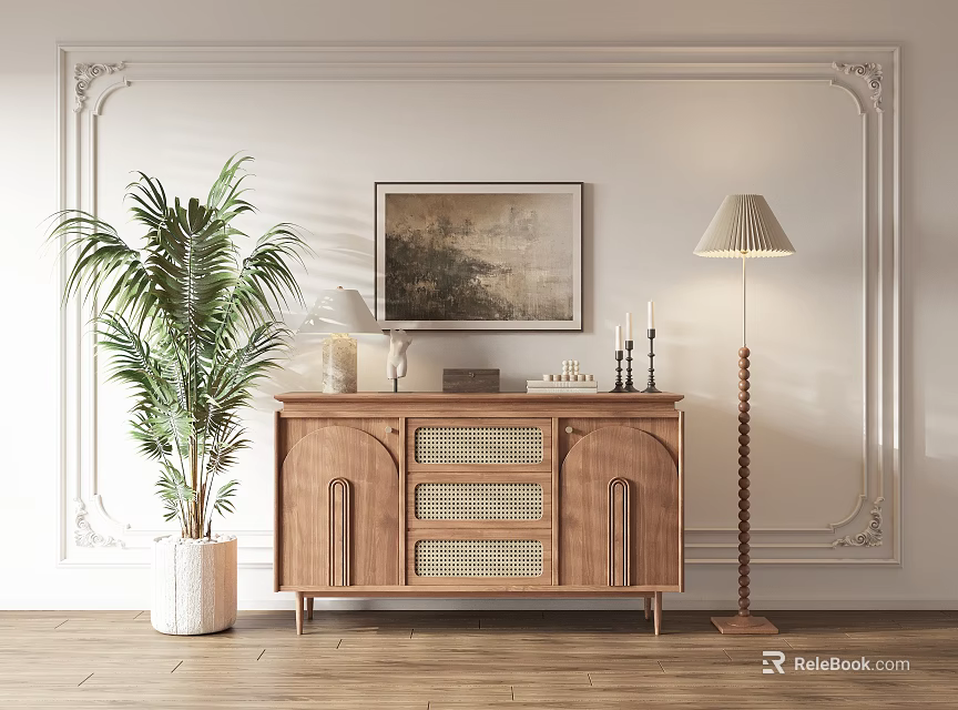 Wooden Entryway Side Cabinet with Palm Plant Floor Lamp and Wall Painting on Decorative Wall 3d model 