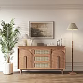 Wooden Entryway Side Cabinet with Palm Plant Floor Lamp and Wall Painting on Decorative Wall