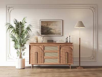 Wooden Entryway Side Cabinet with Palm Plant Floor Lamp and Wall Painting on Decorative Wall 3d model