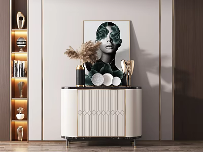 Modern Console Cabinet Sideboard With Elegant Design Geometric Patterns Gold Accents And Decor On Top 3d model